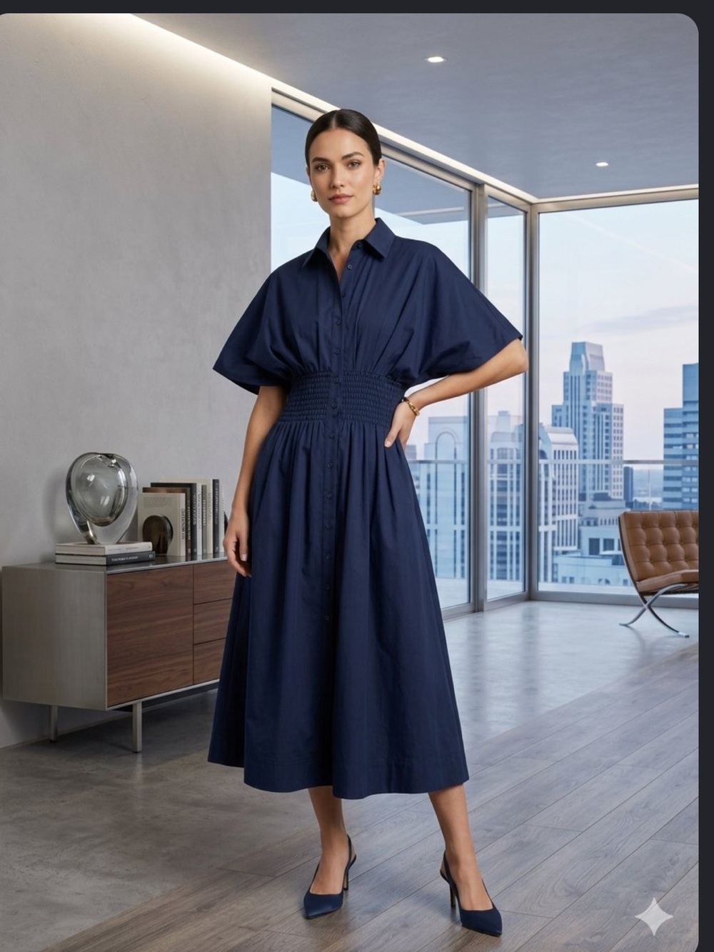 Quince Stretch Cotton Poplin Pleated Midi Shirt Dress Deep Navy Womens Size S